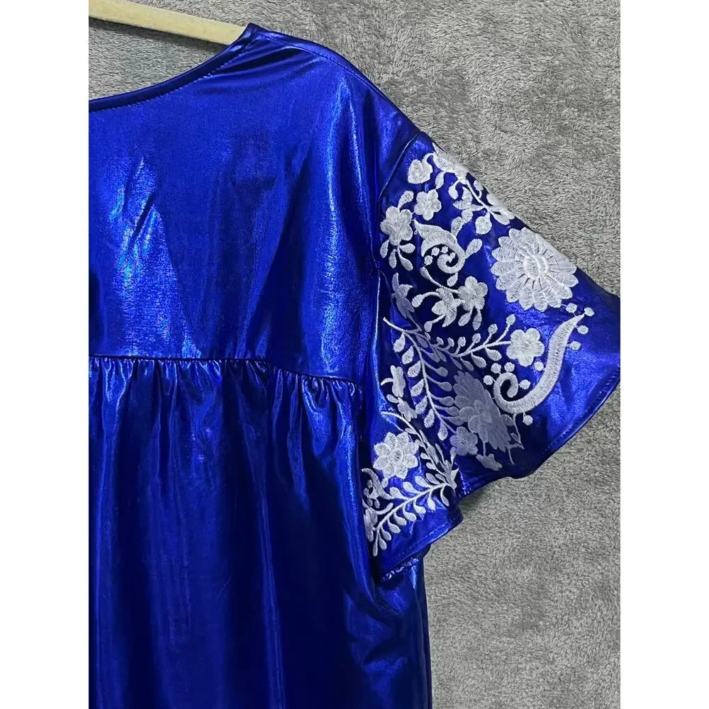 Layerz Maher Blouse Large Blue Metallic Satin Mexican Style Embroidery Boho NWT - Picture 5 of 7